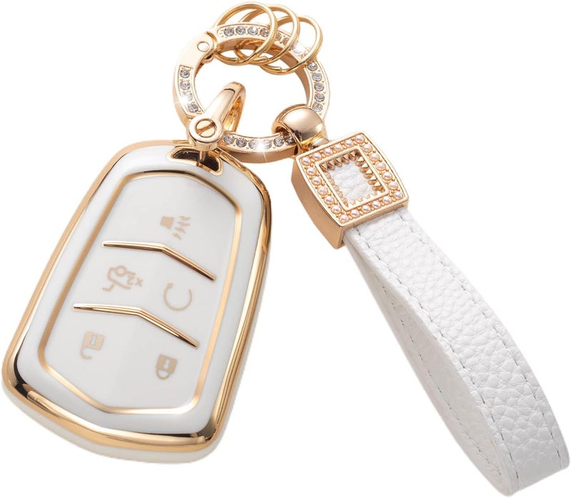 CACARLIKE for For Caddillac A Key Fob Cover with Leather Lanyard, Car Key Fob Case Smart Key Protector Holder - Image 1